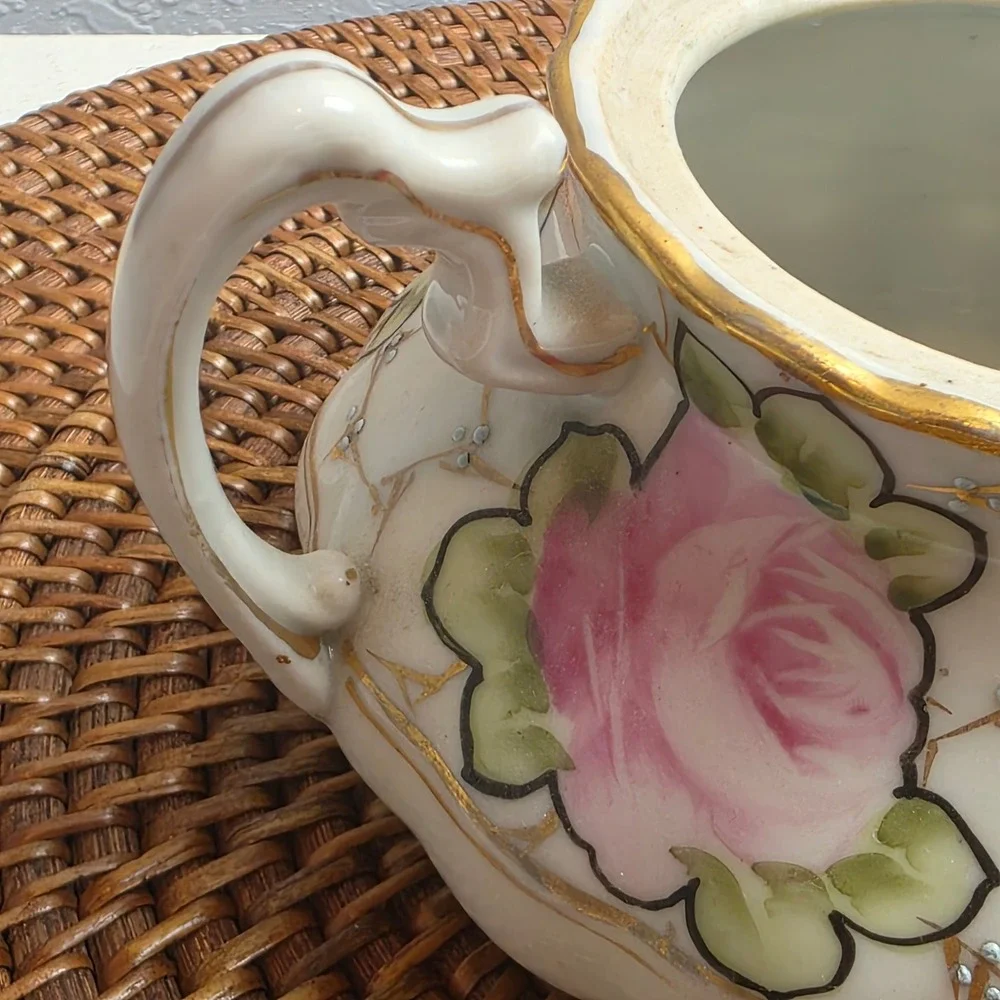 Antique 1890s Nippon Hand Painted Rose Porcelain Creamer & Sugar Bowl Set No Lid